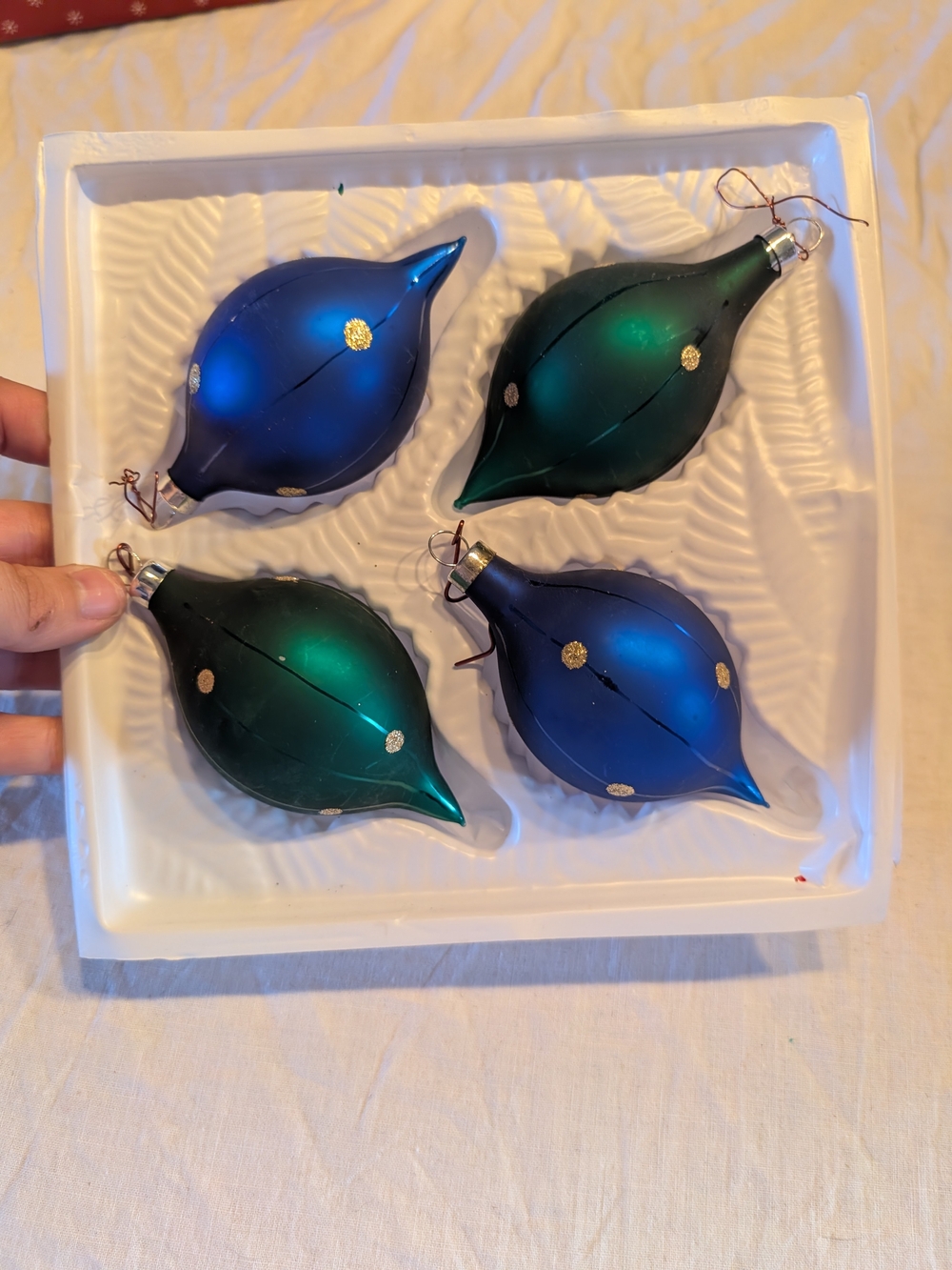 2/40$ Vintage Blue and Green Teardrop Holiday Ornaments with Gold Dots